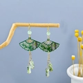 Green bamboo leaf fan-shaped earrings with golden tassels and beaded accents - Gold Fan Green Bead Tassel (E1175)