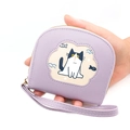 Cartera morada de cuero PU para mujer con diseño de gato y correa de muñeca a juego - Morado