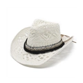 Handmade woven straw sun hat with decorative black tassels and fringe on white background - M(56-58cm) / White