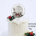 Mirror acrylic Merry Christmas cake topper with holly leaves and red berries on white cake - Silver