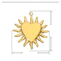 Detail view of large gold sun heart pendant showing dimensions 40mm by 35mm in stainless steel - Heart Sunburst / Gold