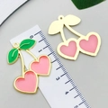 Pink heart-shaped cherry charms for DIY bracelets and earrings with gold metal finish - 1Pc Pink Glitter Heart Large Cherry (33x28mm)