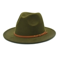 Detail of olive wool fedora hat featuring brown leather belt with metallic rivet accents - M (56-58cm) / Army Green