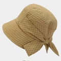 Khaki seersucker sun hat with bow tie and metal logo in a minimalist Japanese style - M (56-58cm) / Khaki