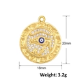 Macro view of 18mm gold plated evil eye pendant with cubic zirconia and size details - A0569 (Horus Eye Round)