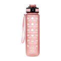 Pink frosted 1000ml sports water bottle with motivational time markers and carry strap - Lotus Pink
