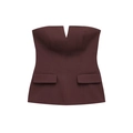 Brown strapless tube top with V-notch neckline and decorative pockets on white background - XS / Reddish Brown