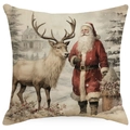 Vintage Santa and Reindeer Christmas throw pillow cover in rustic linen texture - YMD511-4 (Santa & Reindeer)