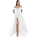 Elegant white off-shoulder evening gown with a high slit and smooth satin finish - US 2 / Off White