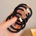Five black high-elastic hair ties with elegant gold rectangular metal buckles - Metal Square Buckle / Black With Square Joint