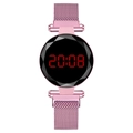 Pink Milanese magnetic strap LED watch for women with diamond cut glass and black dial - Pink