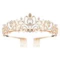Golden bridal crown with sparkling rhinestones and crystal pear stone on white background - Gold