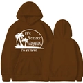 Front and back view of brown 'It's 5 O'clock Everywhere' hoodie with palm tree print - Coffee