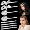 8-piece set of silver rhinestone hair clips in leaf and flower shapes with model shots - 8-Piece Style 11