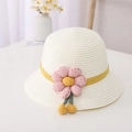 Witte strohoed voor meisjes met geel lint en grote roze stoffen bloem voor de zomer - Kindermaat (54cm) / Hoed / crème