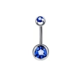 14G silver stainless steel belly ring with vibrant blue circular crystals - Style 2 (Double Round Deep Blue Zircon)