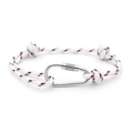 Close-up of RPET woven bracelet with red and black stripes and metal carabiner clasp - No. 16 White with Red & Black Stripes