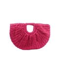 Handwoven fuchsia straw beach tote bag featuring a semi-circle design with hollow handle - Rose Red