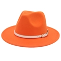 Detailed close-up of orange wool fedora hat with white belt strap and gold buckle - M (56-58cm) / Orange Yellow (White Belt)