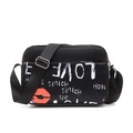 Black oxford fabric crossbody bag with red lip print and white graphic graffiti - Red Lips
