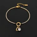 14K gold plated stainless steel tennis bracelet with rhinestone and letter C charm - Gold / Letter C