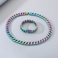 Rainbow-colored 15mm stainless steel Cuban link necklace and bracelet hip-hop jewelry set - Multicolor Set