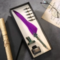 European vintage feather quill pen set with purple plume and antique bronze nib holder - Purple