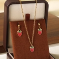 Gold strawberry pendant necklace and earrings jewelry set displayed in a premium box - Exquisite Red Strawberry Necklace Earring Set (KS225992-Z)