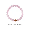 Detail shot of violet lithium quartz beaded bracelet with brown cat-eye stone accents - Kunzite Cat Eye Metal Style (WB335)