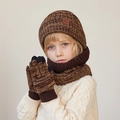 Bruine gebreide winterset voor kinderen met fleece muts, sjaal en warme handschoenen - 3-Delige Set (Muts + Sjaal + Handschoenen) / koffiekleur