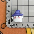 Detail view of mini white resin ghost charm with purple wizard hat on a ruler - Ghost with Purple Hat / Large