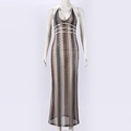 Sleeveless halter neck maxi dress with brown and beige wave knit crochet patterns - S / Brown