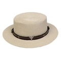 Beige wide brim straw sun hat with leather band and metal bull head ornament - Cow Skull Studded Belt Style (298I)