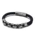 Men's black braided leather bracelet with vintage silver metal links and magnetic clasp - Boiled Black (KB130447-KFC)