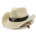 Western straw cowboy hat with bull head leather band and adjustable chin strap - M (56-58cm) / Straw Cowboy Style / Beige