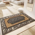 Modern Welcome doormat with brown fiber center and black floral cut-out frame - Style 6