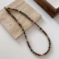 Handmade beaded necklace with natural stone multi-color gems and gold metal accents - Multi-color Natural Stone Beads Retro Necklace (XL0357)