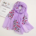 Purple chiffon scarf with red floral embroidery and green leaves for sun protection - Light Purple