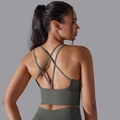 Dark olive green ribbed seamless sports bra with criss-cross back straps for yoga - S / Criss Cross Bra / Dark Gray