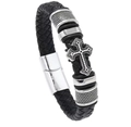 Bracciale da uomo in pelle nera intrecciata con ciondolo a croce argento e chiusura magnetica - Croce Nera 19cm
