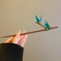 Bamboo style wooden hair pin with green leaves and tassel in handcrafted dark wood finish - Coffee Bamboo Design Style (36#)