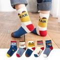 Set of 5 pairs of kids cotton crew socks featuring playful cartoon bear and cloud patterns - Flatbed Jumping Bear / 3-5 Years (Feet length 13-15cm)