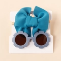 Detail of blue textured bow headband and gray floral sunglasses set on white card - Blue 2-Piece Set (#3)