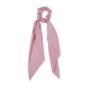 Detailed view of pink satin scrunchie with long ribbon showing soft silky texture - Crinkled Pink