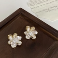 Vintage floral stud earrings in creamy white and gold with center pearls on wood - 14# Silver Earring Post - White Pearl Flower