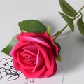 Single velvet artificial rose in deep magenta with realistic green leaves and thorny stem - Rose Red
