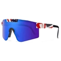 Sport sunglasses with blue mirrored lens and US flag pattern on red white blue frame - Red White Blue Star Stripes (C26)