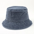 Detailed view of dark blue washed denim bucket hat with reinforced brim stitching - M (56-58cm) / Navy Blue