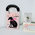 Pink knitted phone bag with greyhound pixel art and bright pink ribbon detail - Pink Small Black Dog (Handle + Strap)