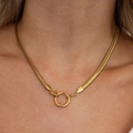 18K gold-plated stainless steel snake chain necklace with large front spring clasp - Gold Flat Snake Big Clasp Necklace